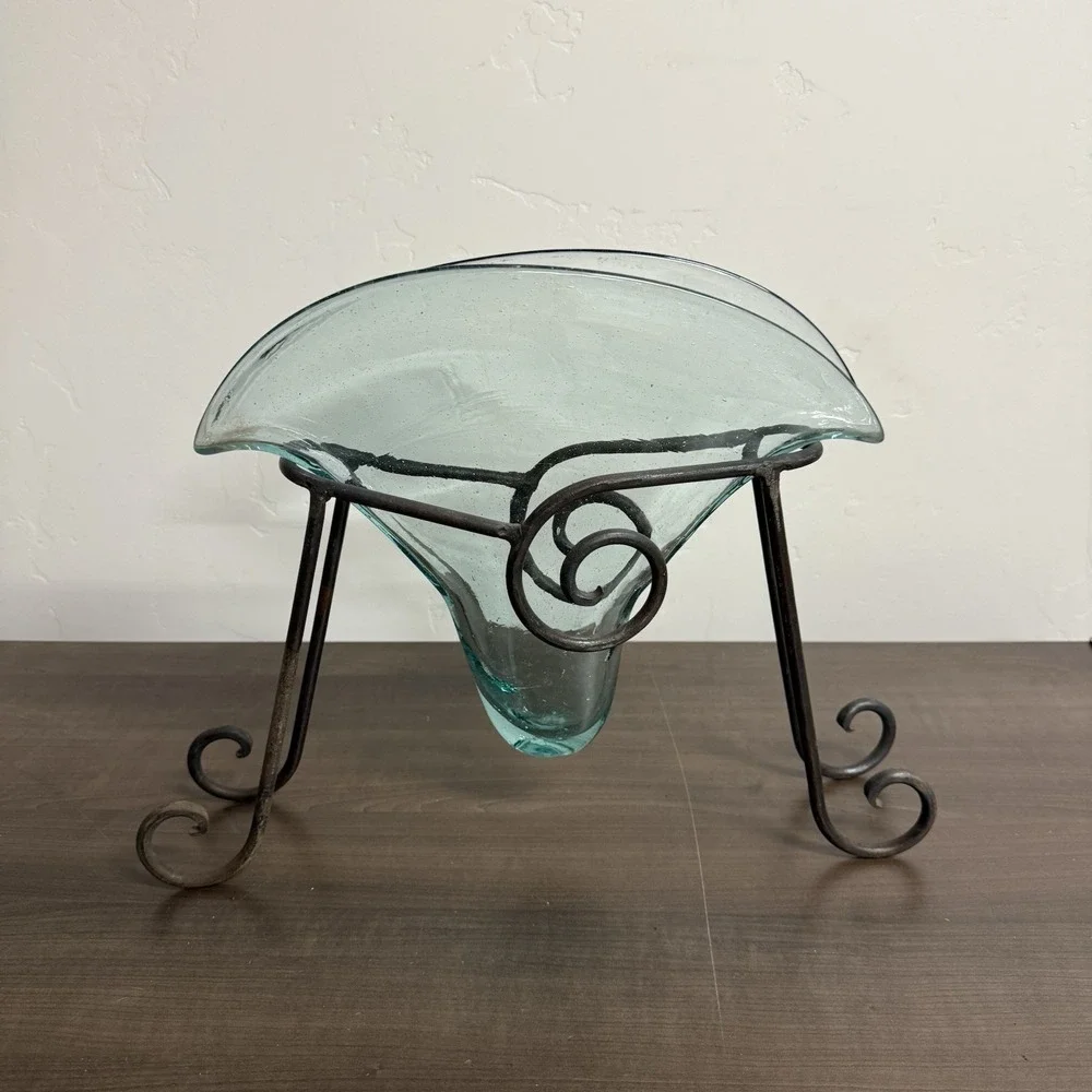 Blown Glass Vase Blue Glass Wrought Iron Base Tulip Shape